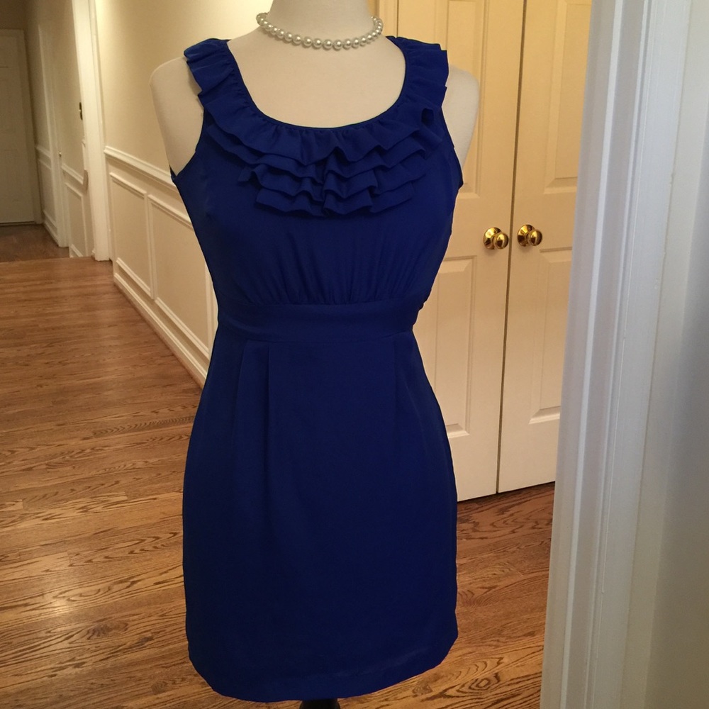 Sapphire Blue Dress with Ruffle Neckline