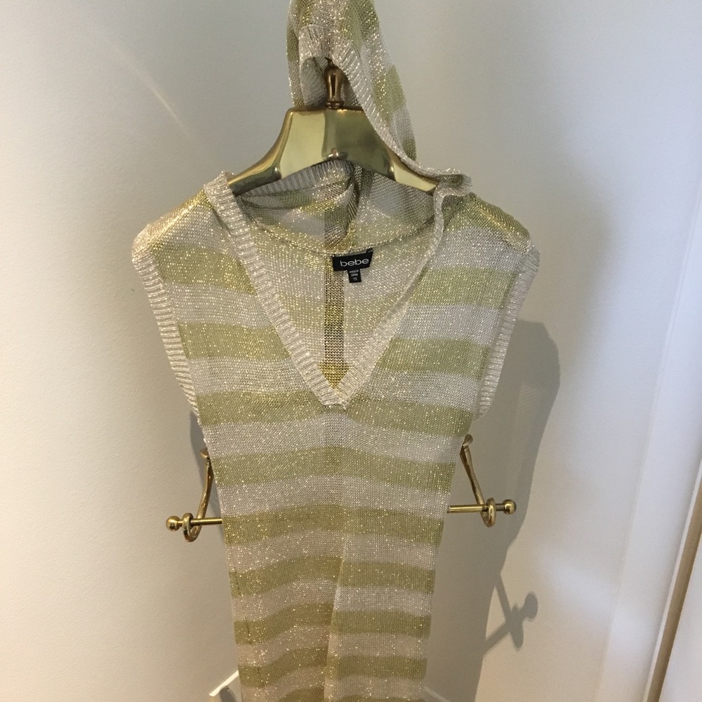 Bebe Sparkly Metallic Gold and Green Hooded Top