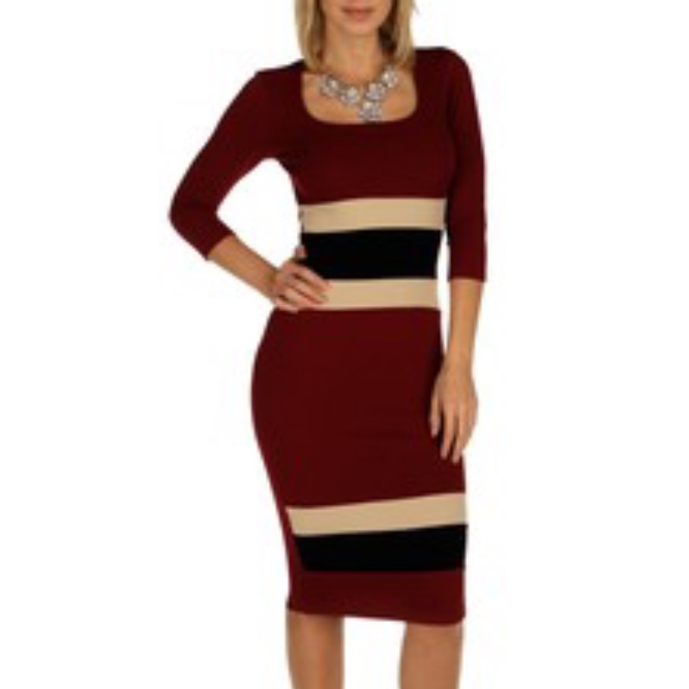 Burgundy Colorblock Textured Midi Dress