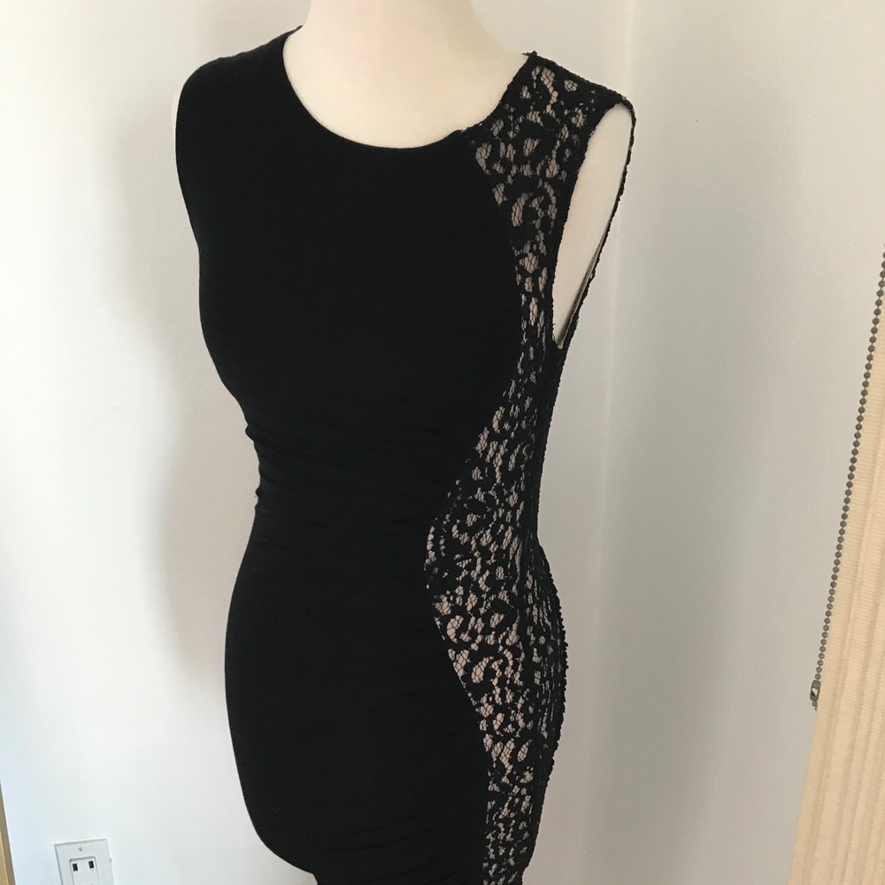 Cynthia Steffee black/nude lace mesh midi dress