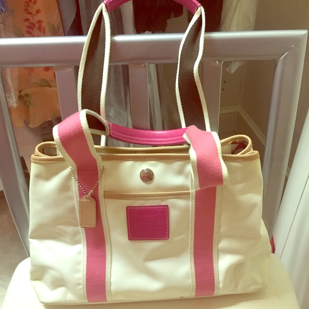 White Coach Bag with pink accents.