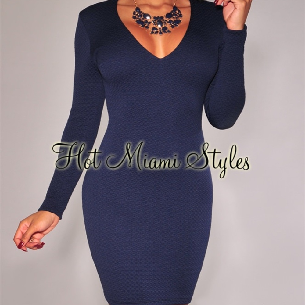 Navy-Blue Textured Long Sleeves Dress