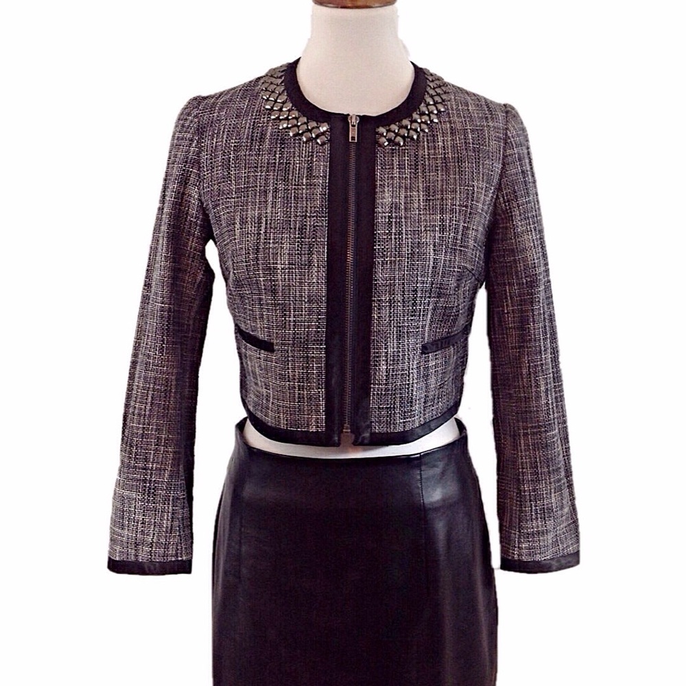H&M Tweed Cropped Jacket w/Stud/Zipper Details