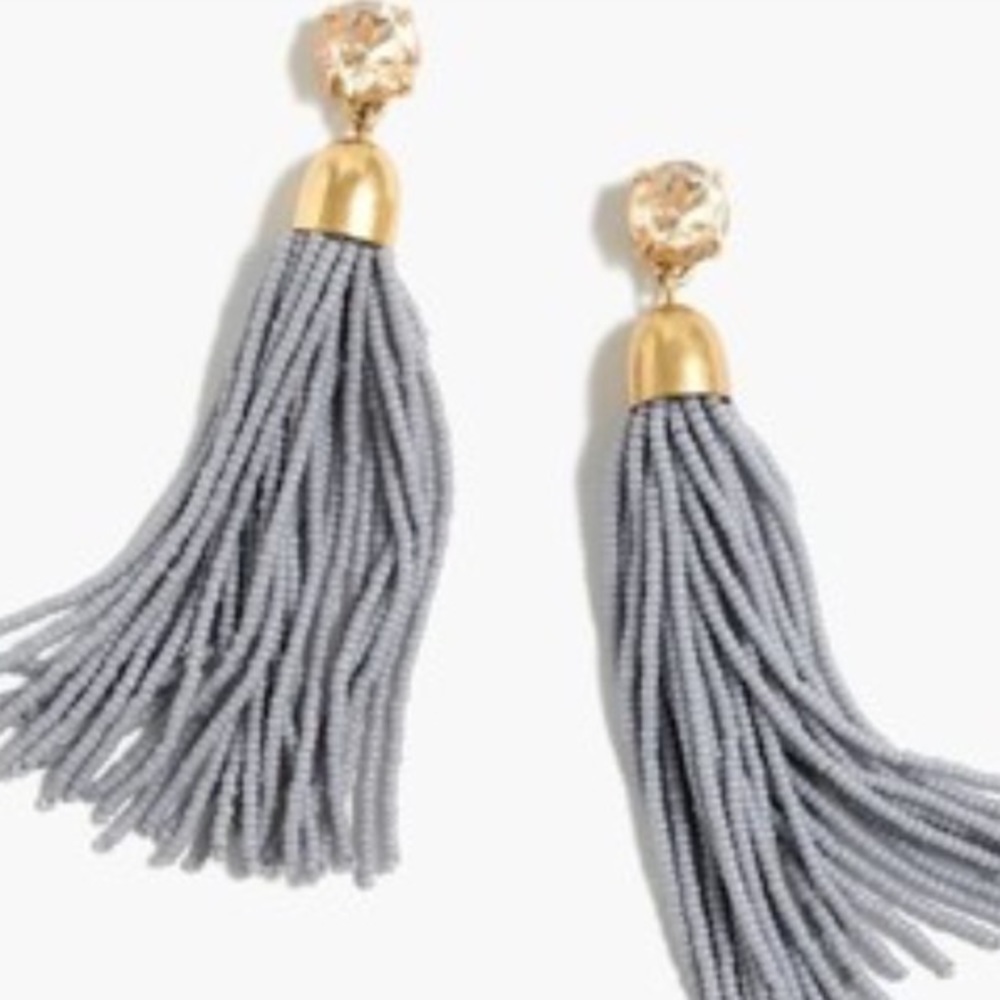 J.Crew beaded tassel earrings in "fog grey"