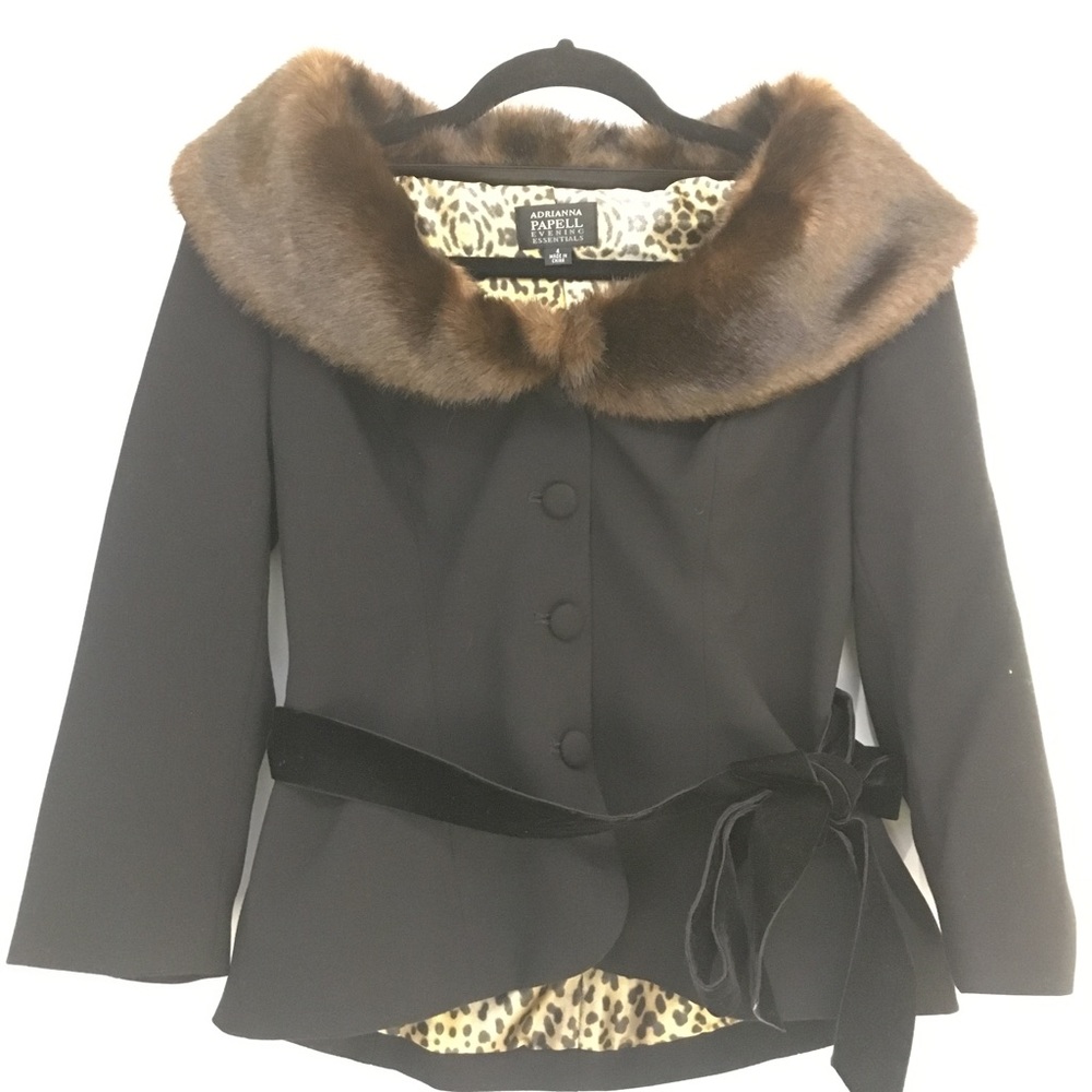 Adrianna Papell belted jacket with removable fur