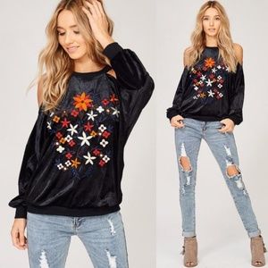 Black Velvet Cold Shoulder Embroidered Sweater