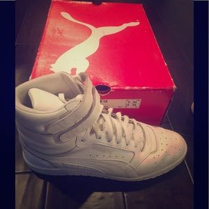 All White Puma Sky II Hi Tops