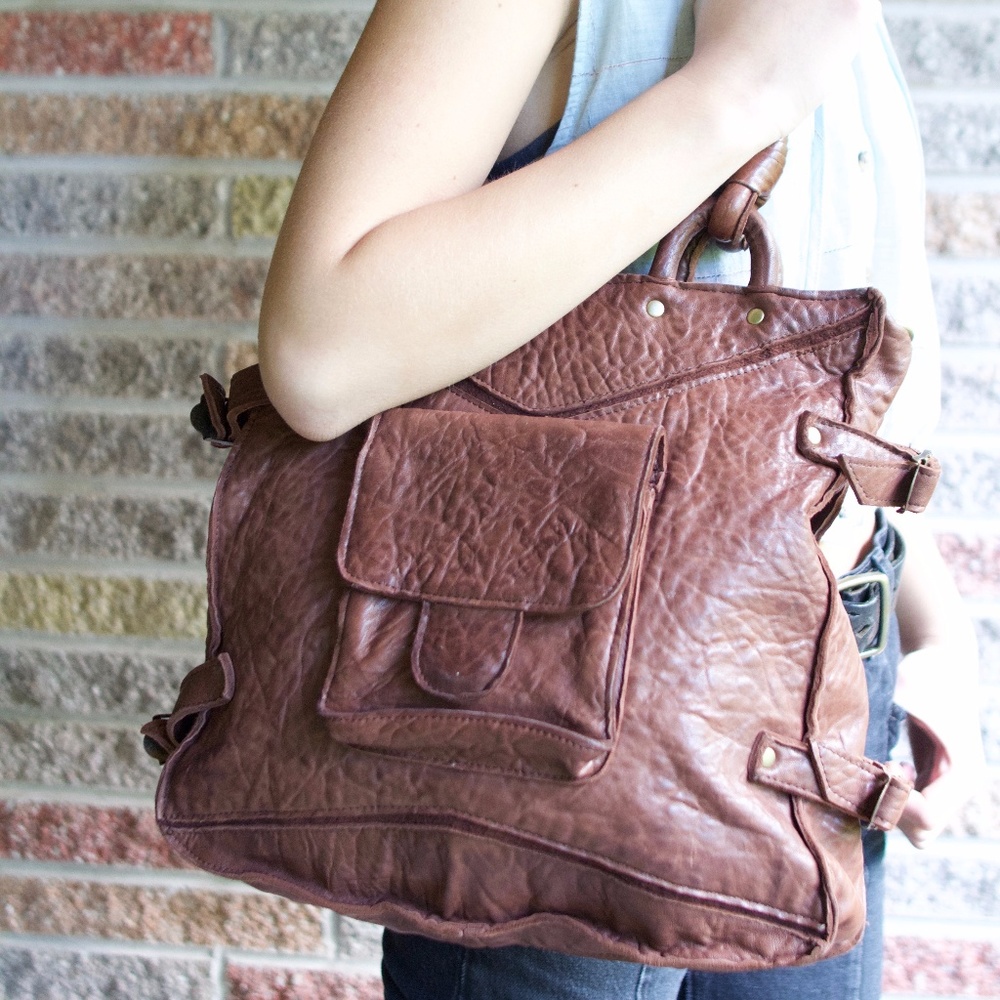 Treesje Brown Leather Boho Chic Shoulder Bag Tote