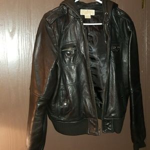 MK Black Leather hooded jacket