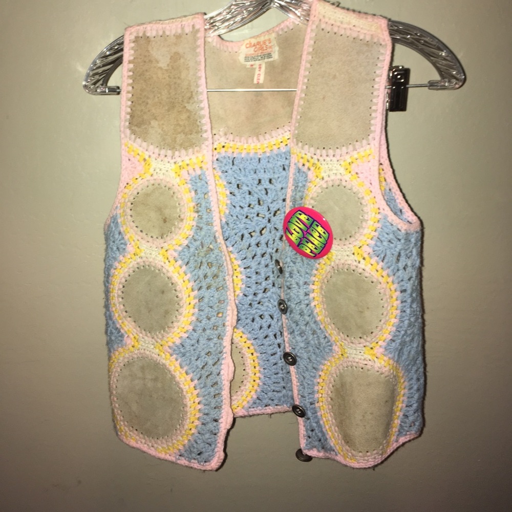 70s vintage Crochet & Calf skin leather vest