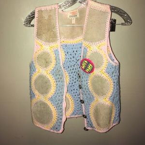 70s vintage Crochet & Calf skin leather vest