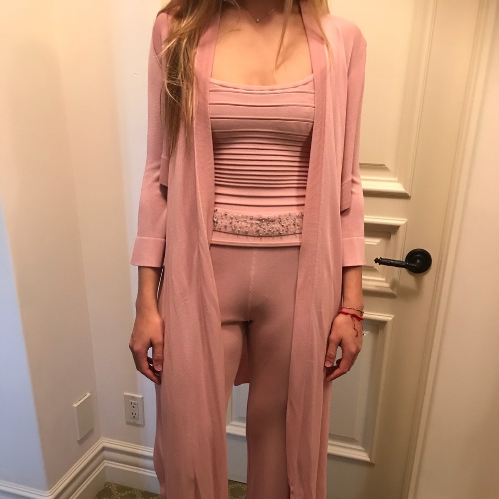 Herve Leger pink cardigan, belt and pant