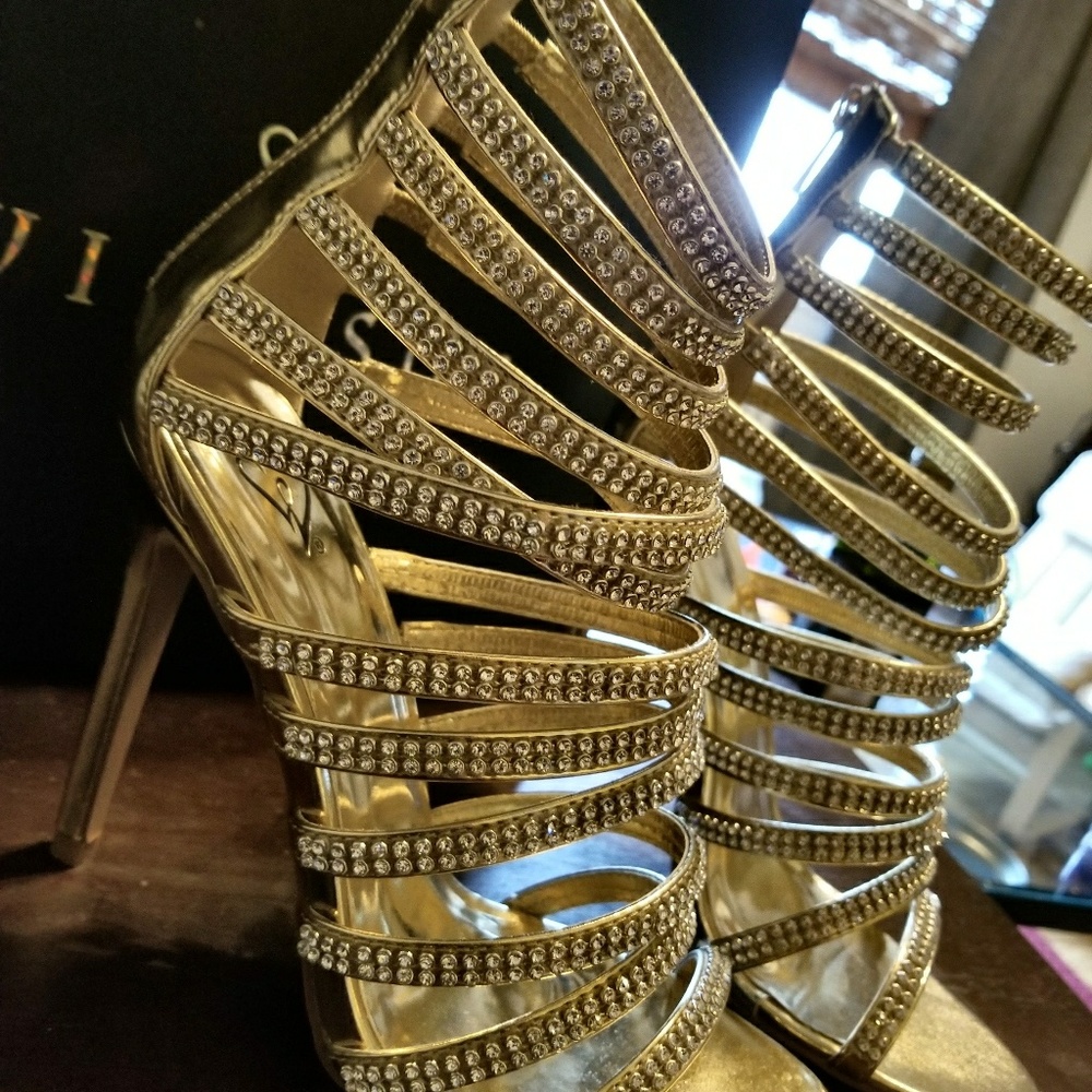 Gold strappy, bling heel