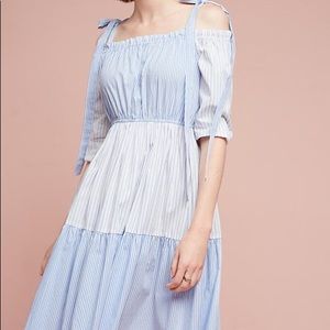 NWT Line + Dot Anthropologie Quill Off Shoulder Bow Blue White Stripe Dress XS