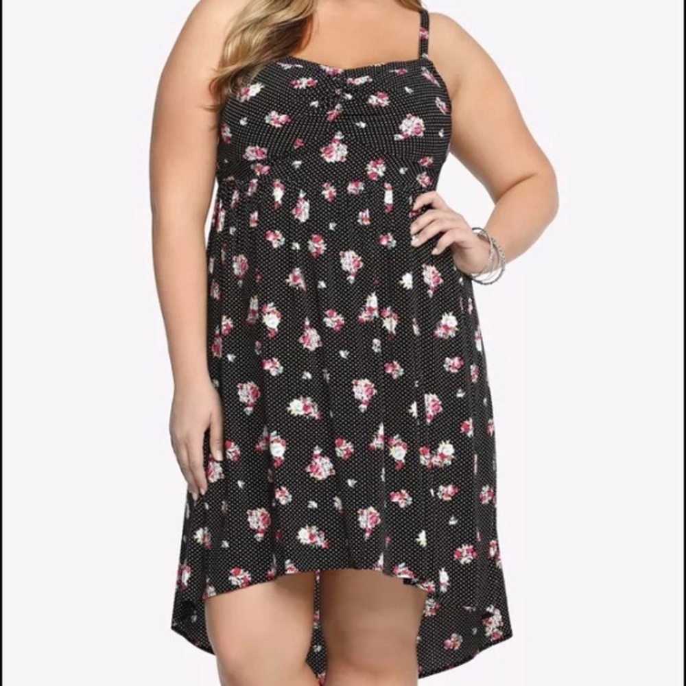 Black/White Polka Dot Floral Hi-Lo Dress