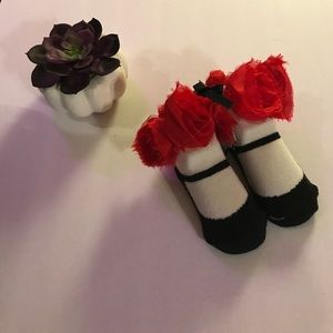 White and black socks with chiffon red roses