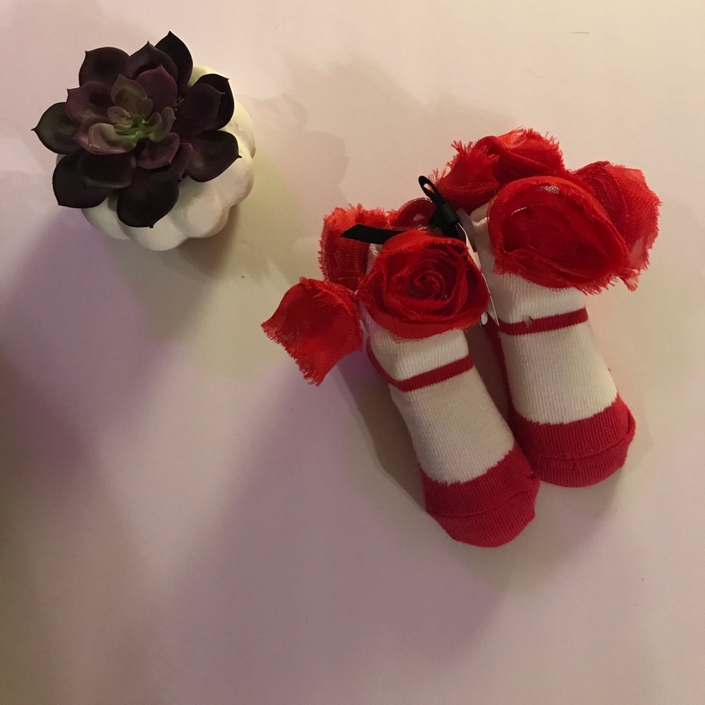 Red and white socks with red chiffon roses