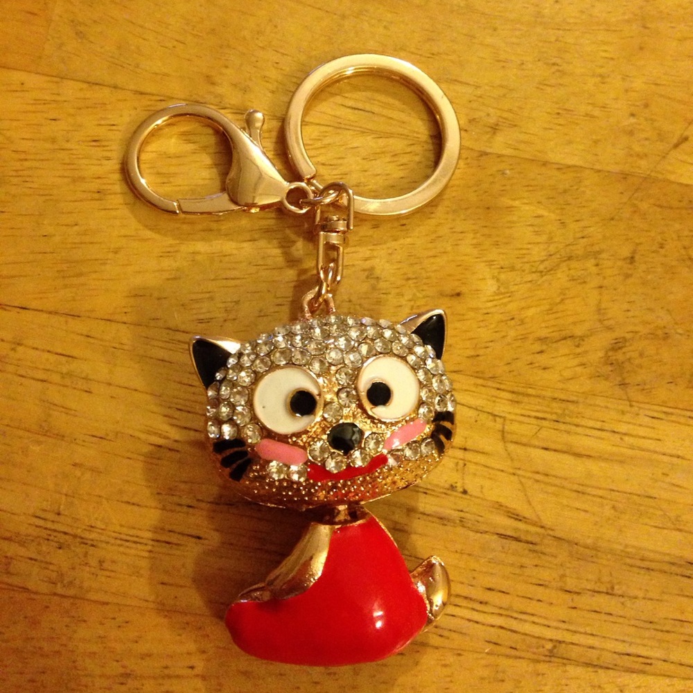 Enamel rhinestone cat key chain