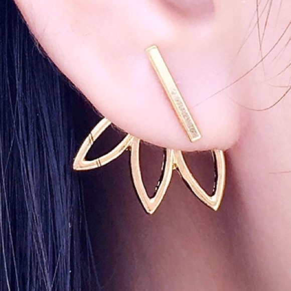 Gold Ear Jacket Lotus Flower Earrings Simple Chic - Picture 4 of 4