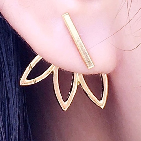 Gold Ear Jacket Lotus Flower Earrings Simple Chic - Picture 3 of 4