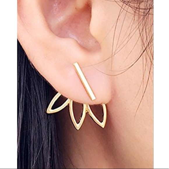 Gold Ear Jacket Lotus Flower Earrings Simple Chic - Picture 2 of 4