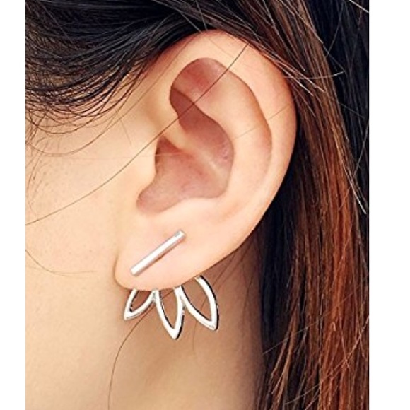 Silver Lotus Flower Ear Jacket Earrings Simple - Picture 4 of 6