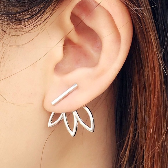 Silver Lotus Flower Ear Jacket Earrings Simple - Picture 3 of 6