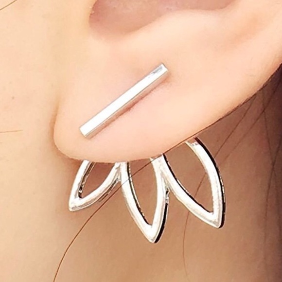 Silver Lotus Flower Ear Jacket Earrings Simple - Picture 6 of 6