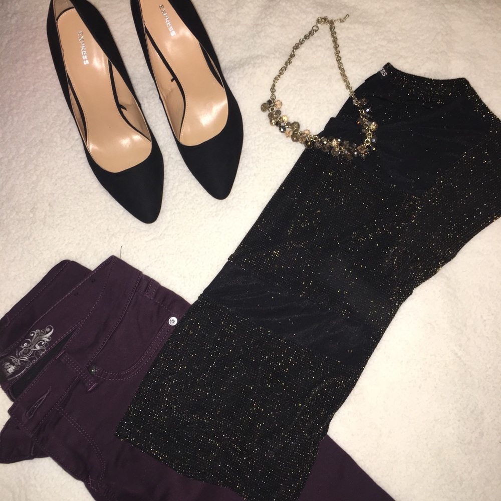 Express Black and Gold Shimmering Mesh Top