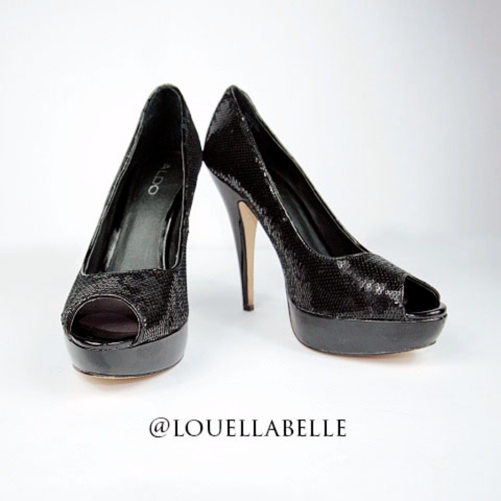 Aldo Black Sequined Peeptoe Heels 9