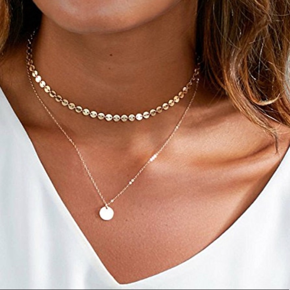 Simple Necklace Choker Layered Gold Disc Jewelry - Picture 2 of 5