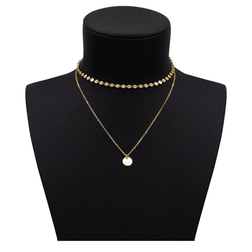 Simple Necklace Choker Layered Gold Disc Jewelry - Picture 4 of 5