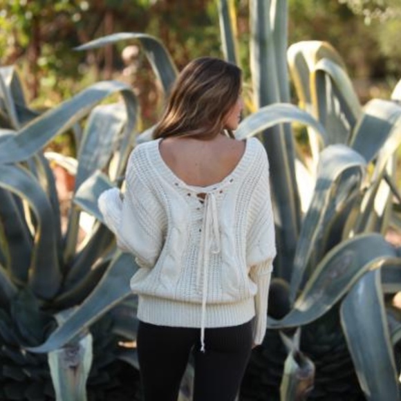 Ivory Reversible Knit Lace Up Sweater - Picture 3 of 6