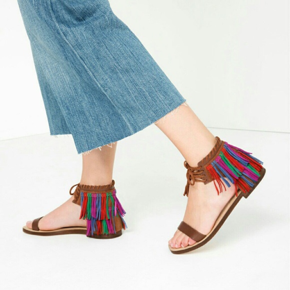 Zara fringed flat leather sandals. Size 39 - Picture 2 of 5