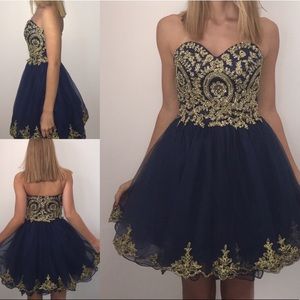 gold and navy blue sweetheart neckline short dress