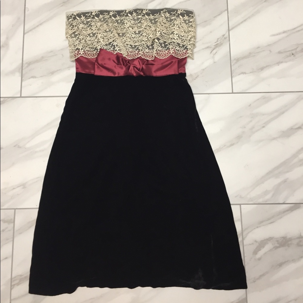 black velvet and maroon strapless dress w/ lace