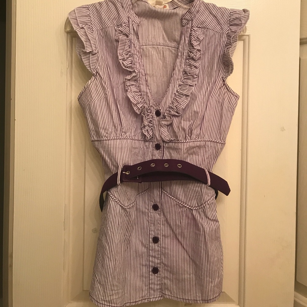 Purple and White Striped Button Down with Belt