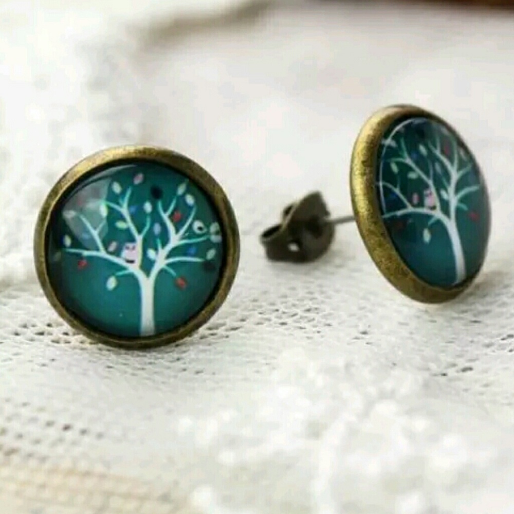 retro style glass stud earring bronze tree