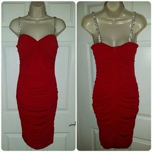 Red Ruched Fitted Rhinestone Dress Red Ruched Fitted Rhinestone Dress