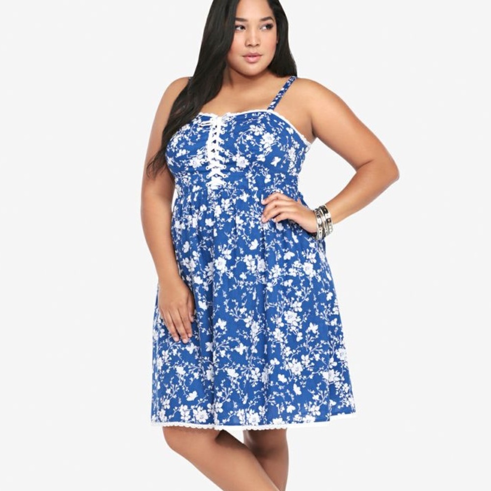 Blue Floral & Butterfly Lace-up Sundress w/pockets
