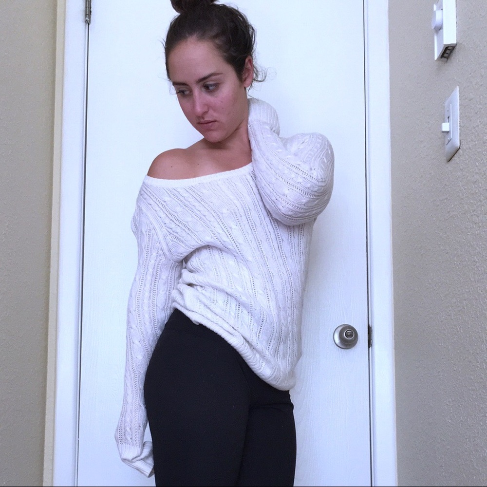 White Cable Knit Crewneck Sweater