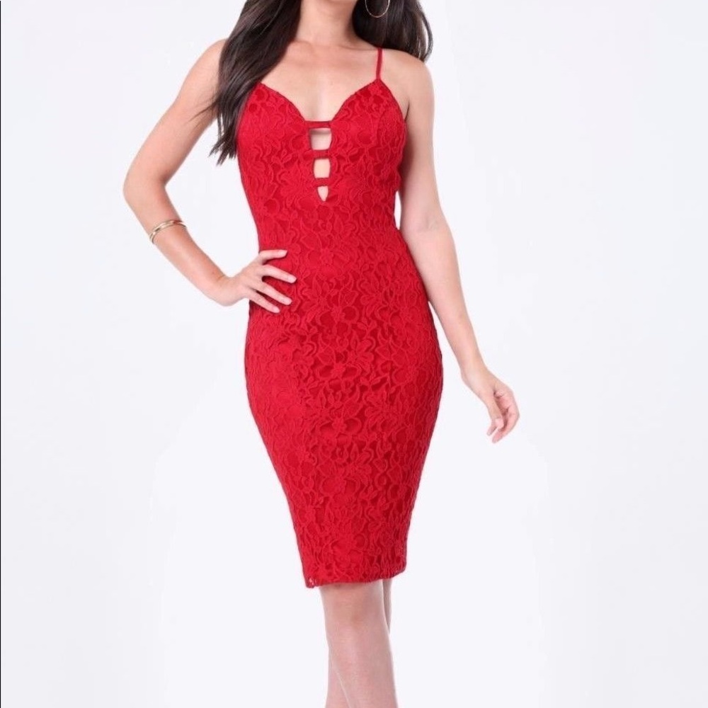 Bebe red lace bustier midi dress