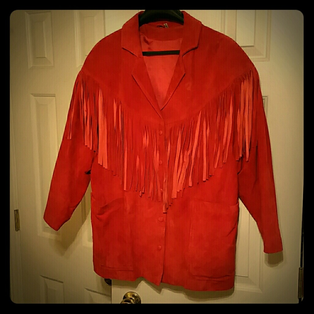 Vintage Suede Jacket Red Fringe Women's Coat Size Large