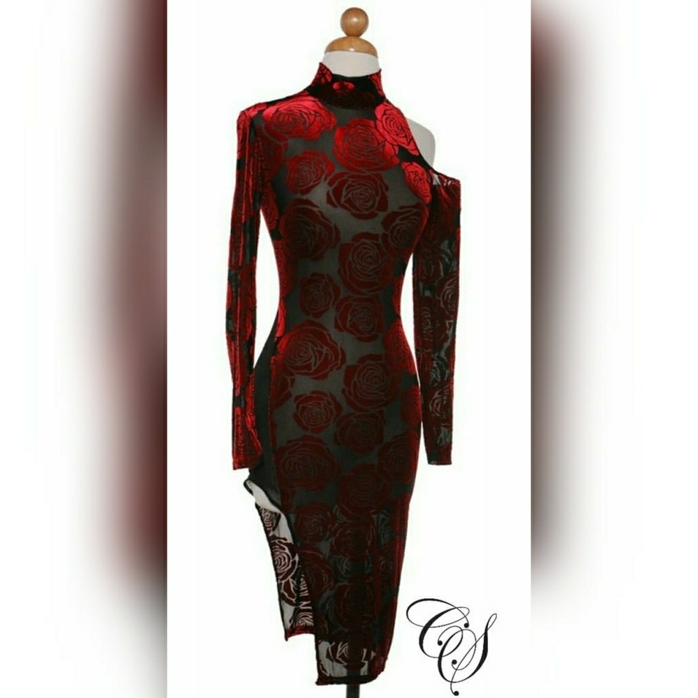 Valentina Velvet Floral Burnout Cold Shoulder Dres