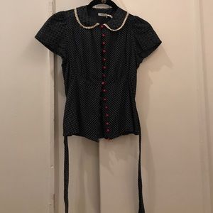 Vintage Pinup Style Button Front Blouse in Navy