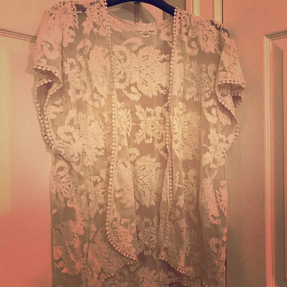 Forever21 Cream Antique Lace Cropped Cardigan