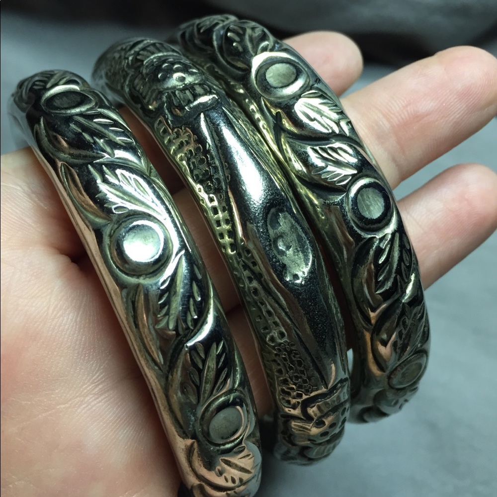 Antique Embossed Silver Bangle Bracelets - image 2