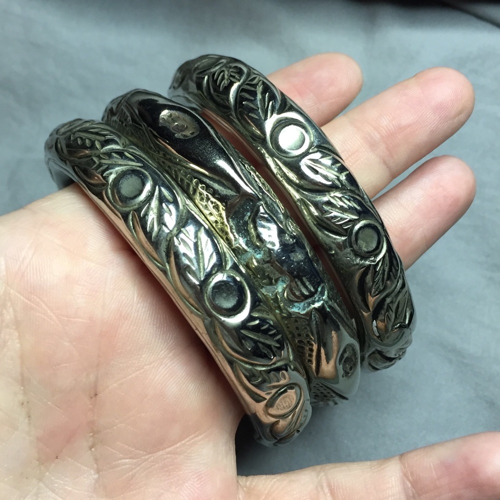 Antique Embossed Silver Bangle Bracelets - image 3