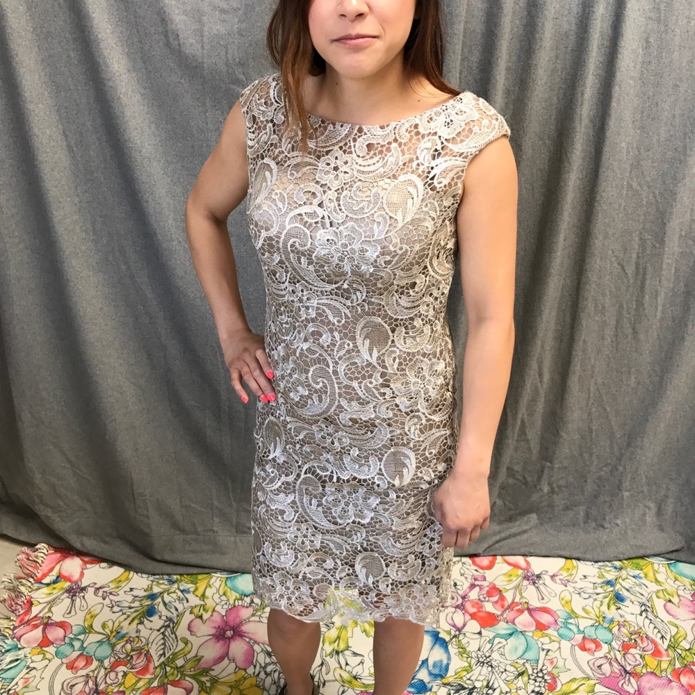 NWOT Taupe lace bridesmaid midi cocktail dress