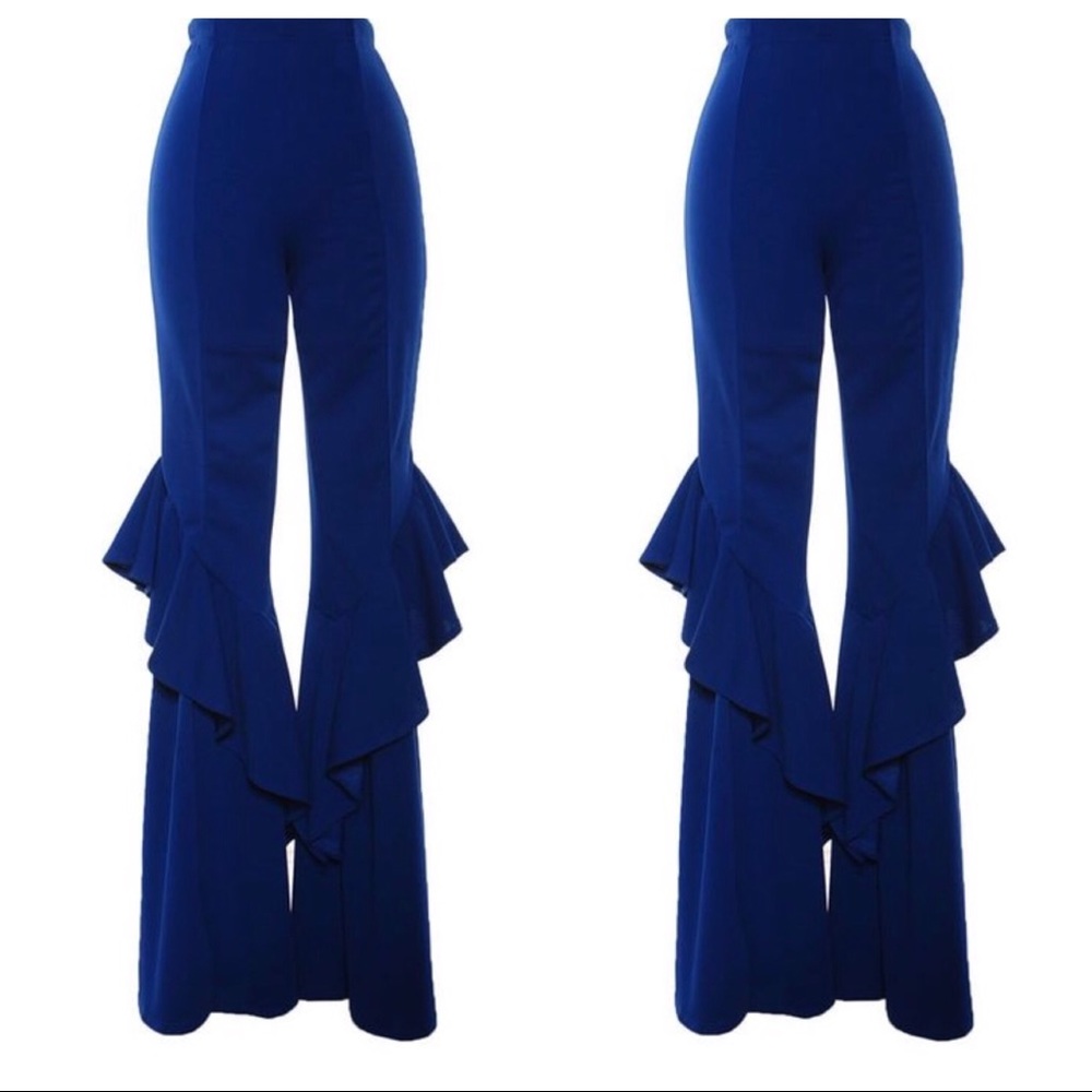 Blue Fitted Ruffle Flare Pants